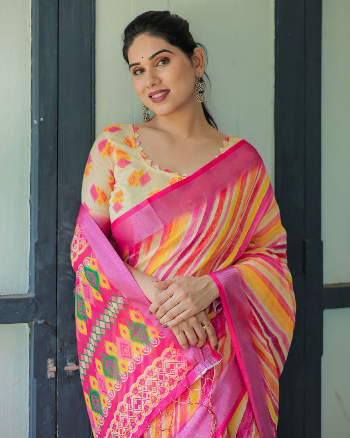 Vibrant Multicolor Linen Saree with Ikat Inspired Prints for Women