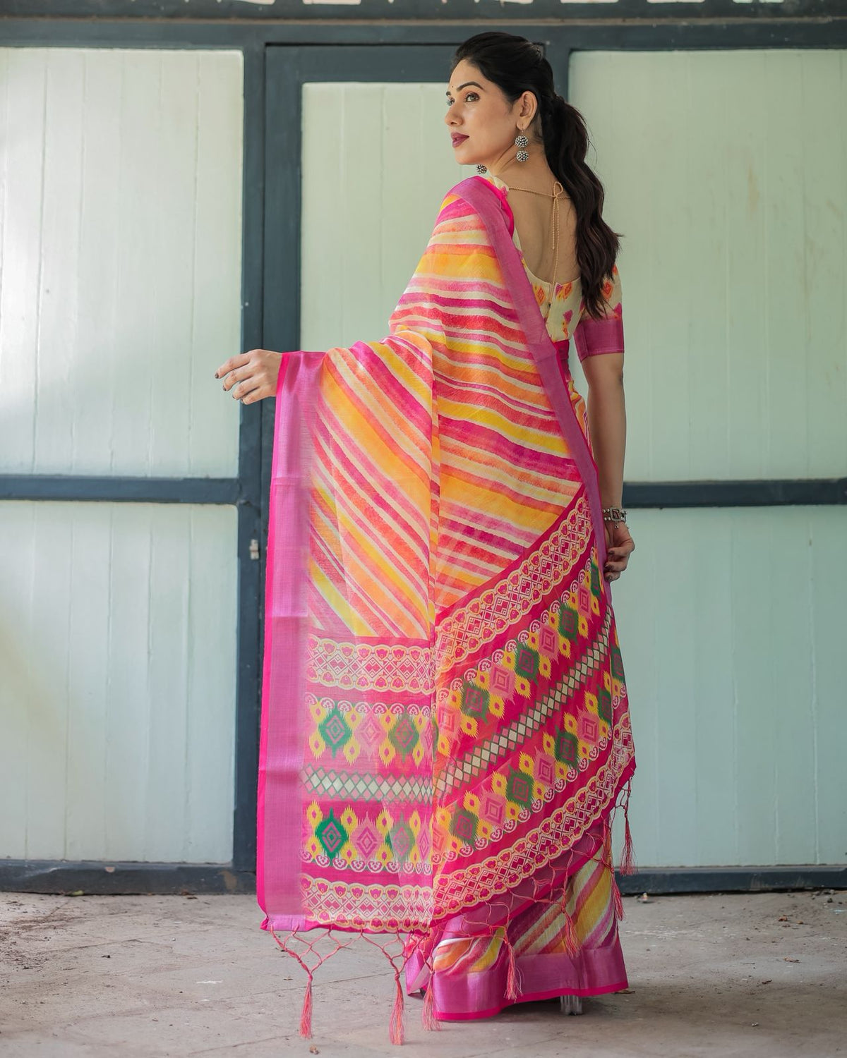 Vibrant Multicolor Linen Saree with Ikat Inspired Prints for Women