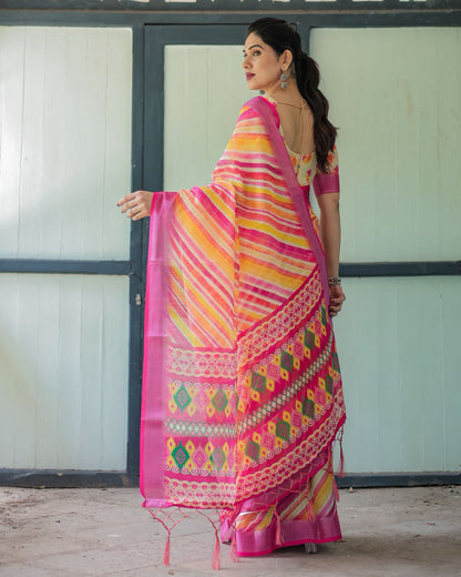 Vibrant Multicolor Linen Saree with Ikat Inspired Prints for Women