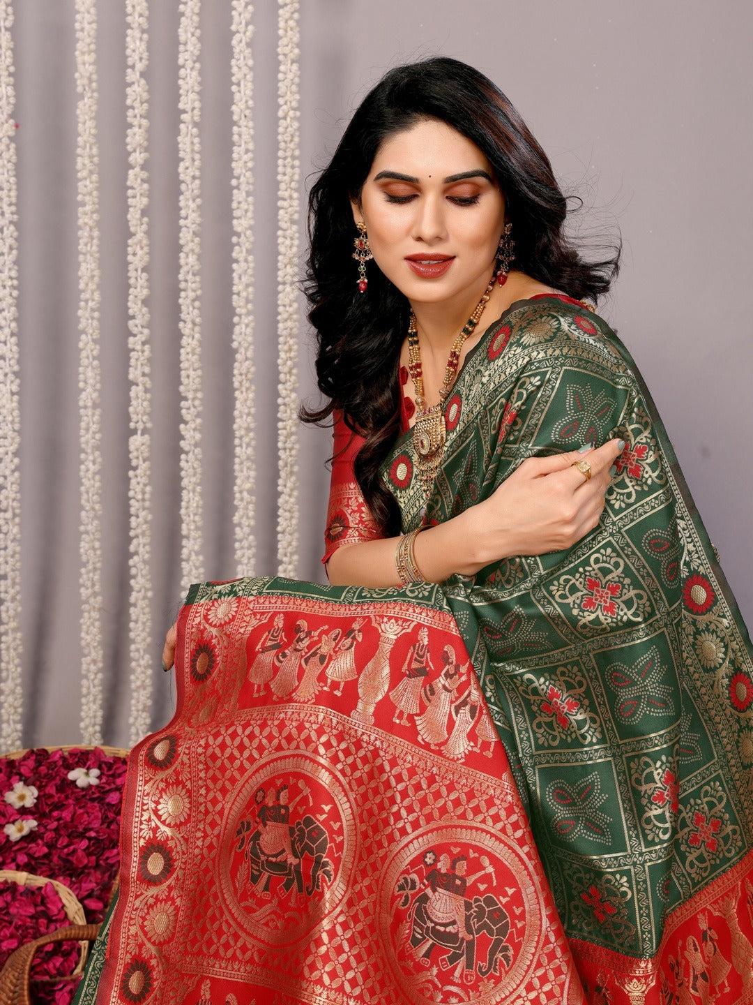Wedding Wear Green Banarasi Saree with Red Highlights for Women
