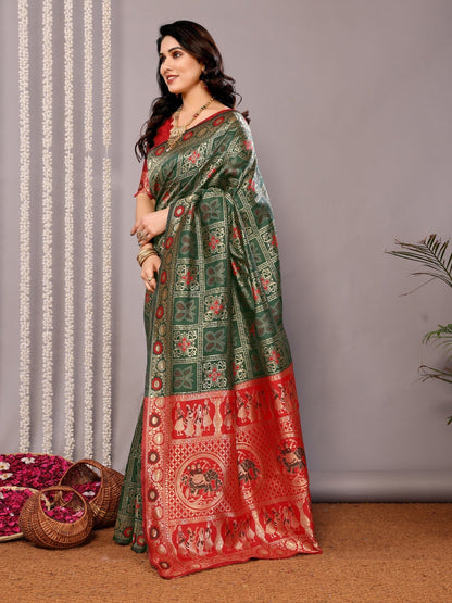 Wedding Wear Green Banarasi Saree with Red Highlights for Women