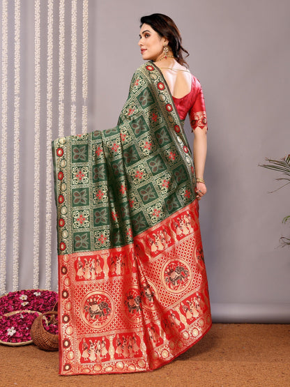 Wedding Wear Green Banarasi Saree with Red Highlights for Women