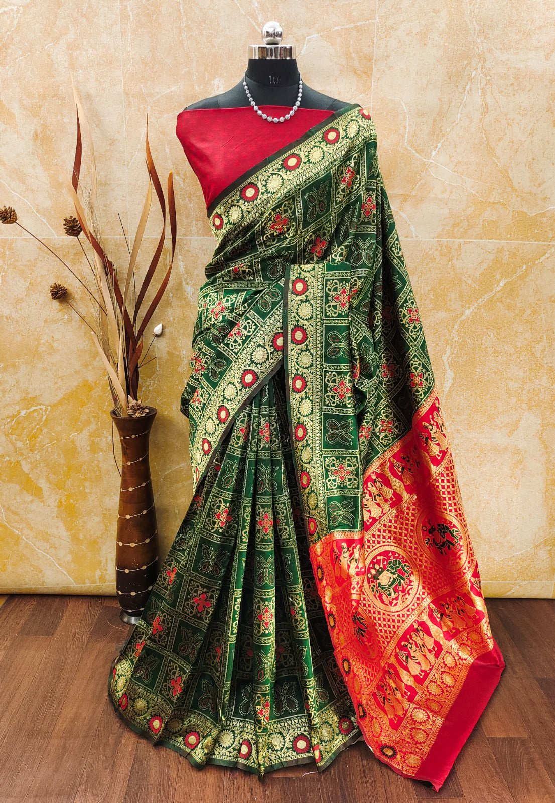 Wedding Wear Green Banarasi Saree with Red Highlights for Women