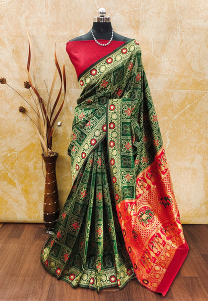 Wedding Wear Green Banarasi Saree with Red Highlights for Women