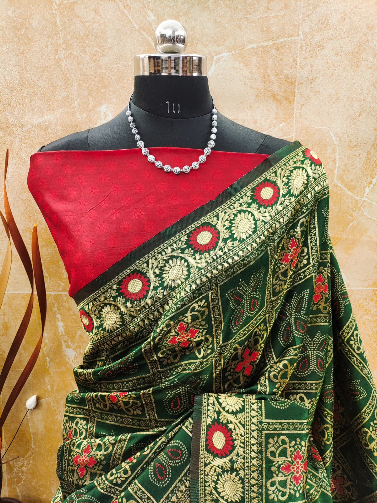 Wedding Wear Green Banarasi Saree with Red Highlights for Women