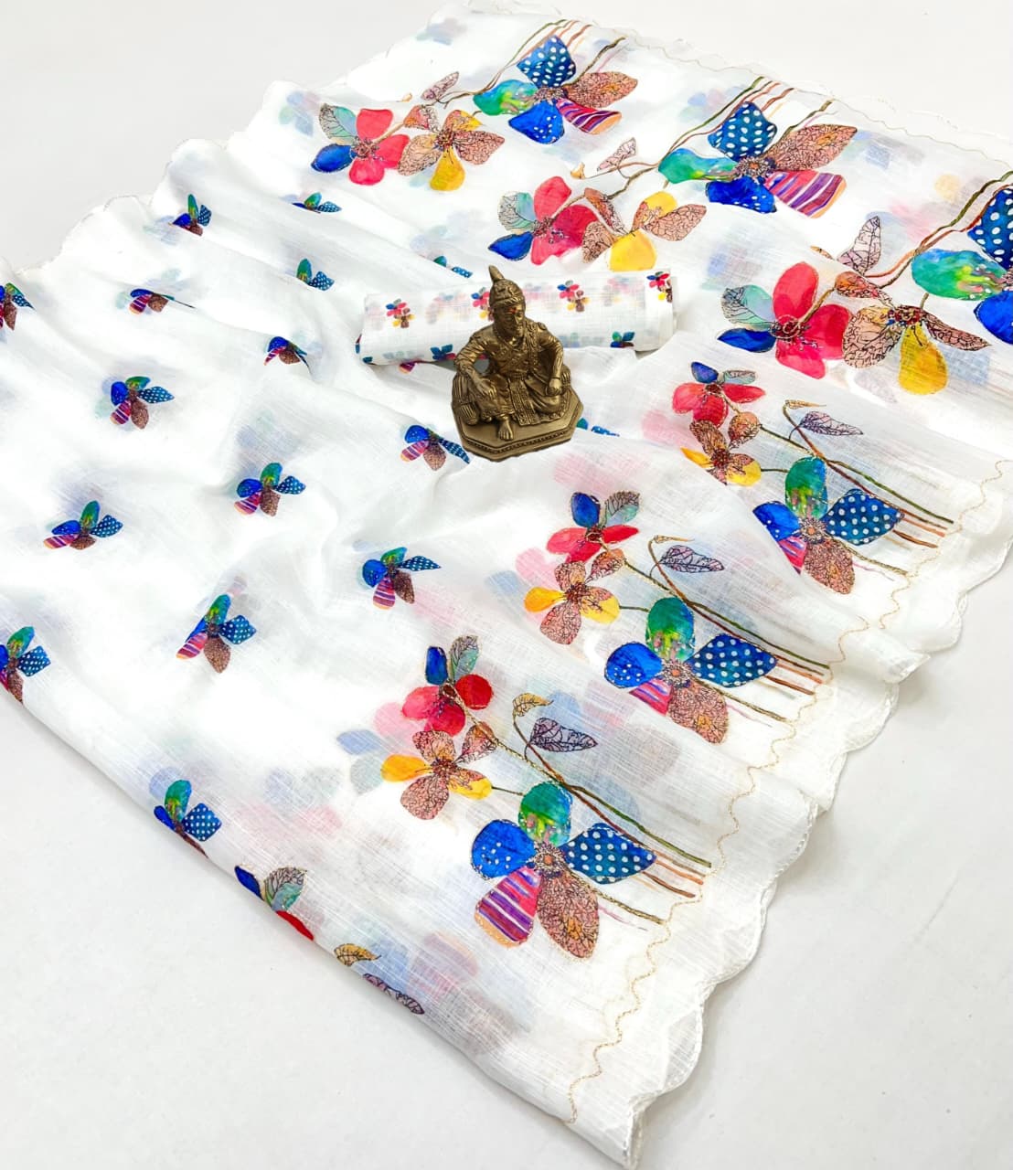 White Floral Aari Work Linen Saree with Blouse for Women