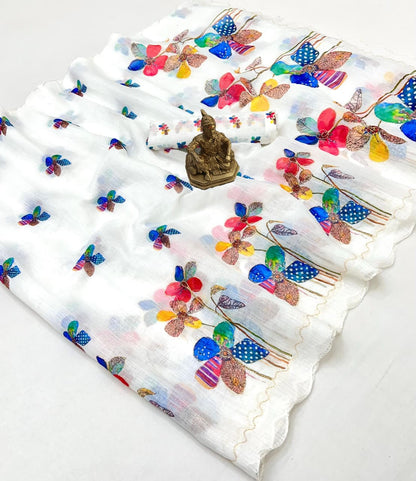 White Floral Aari Work Linen Saree with Blouse for Women