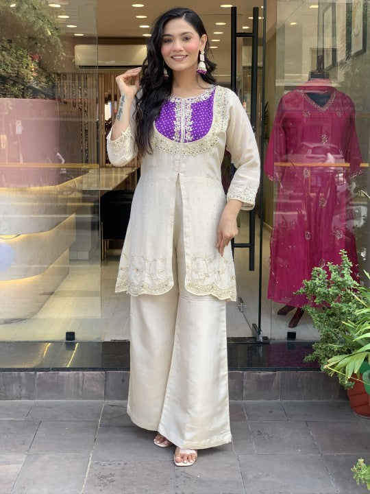 White Cording Threadwork Roman Silk Salwar Suit