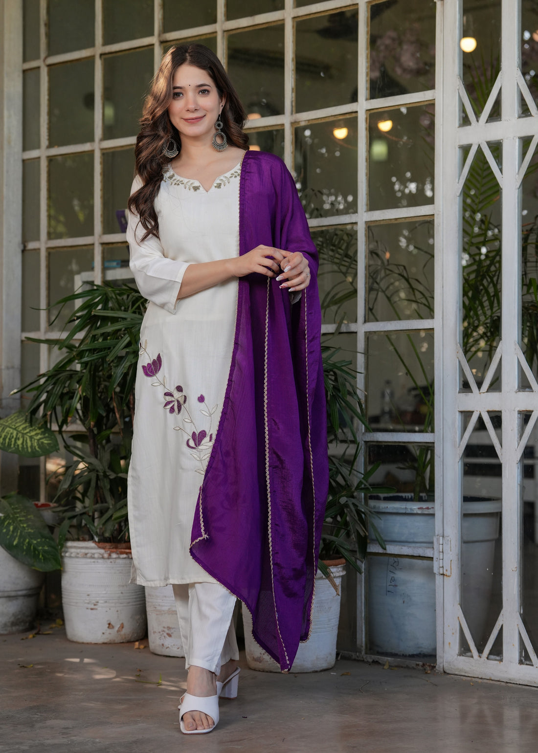 White Designer Threadwork Suit with Chinon Dupatta for Women