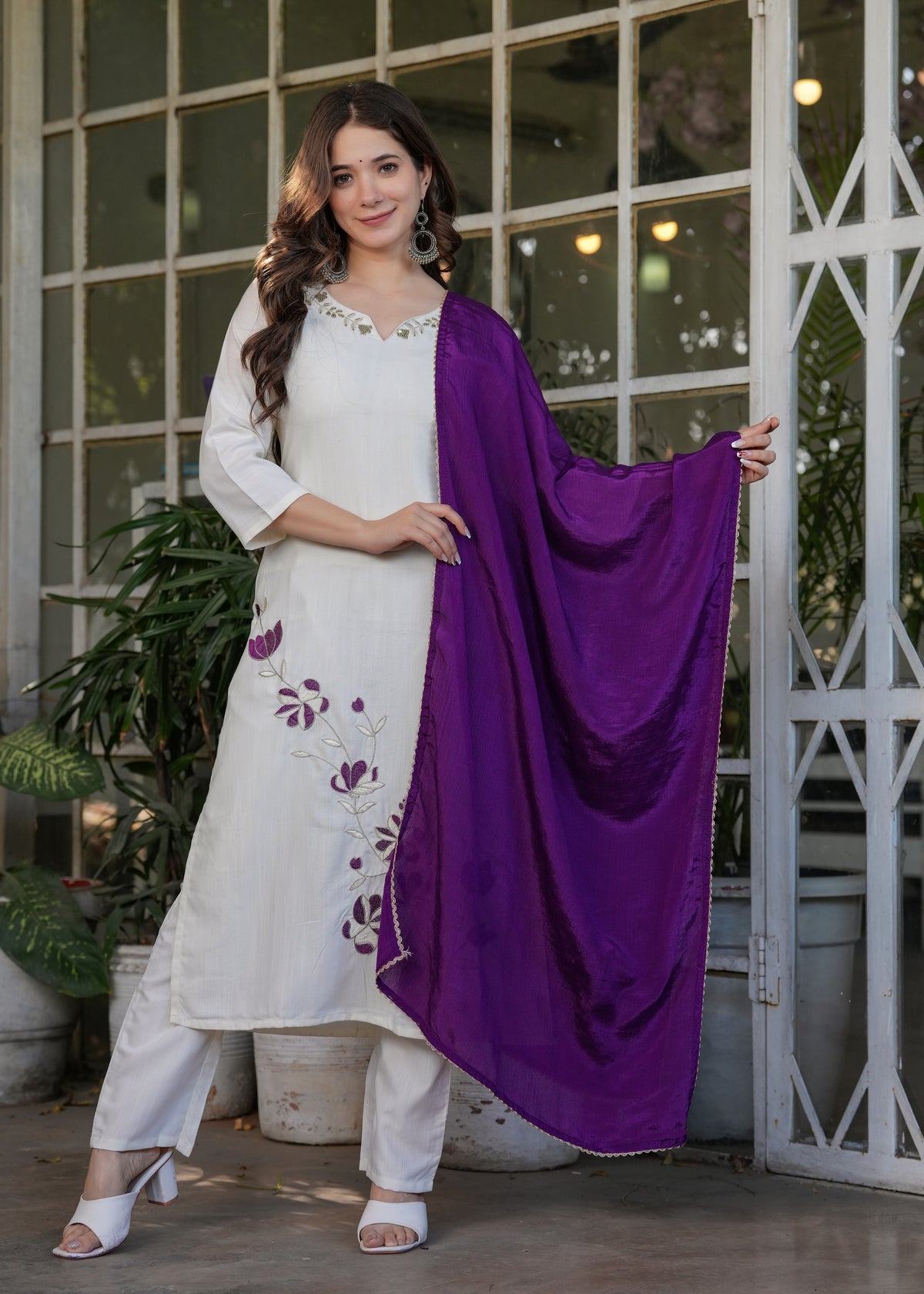 White Designer Threadwork Suit with Chinon Dupatta for Women