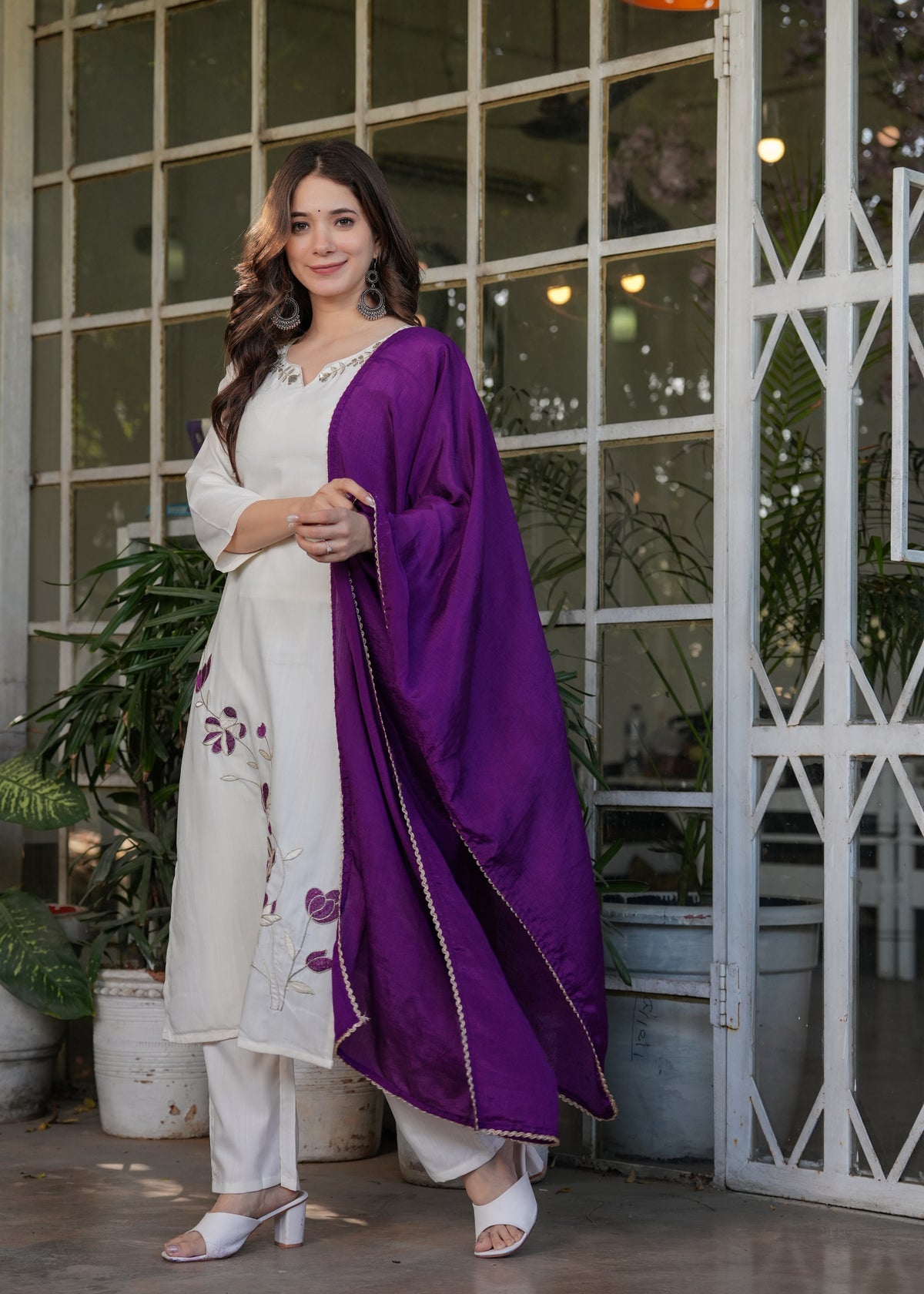 White Designer Threadwork Suit with Chinon Dupatta for Women