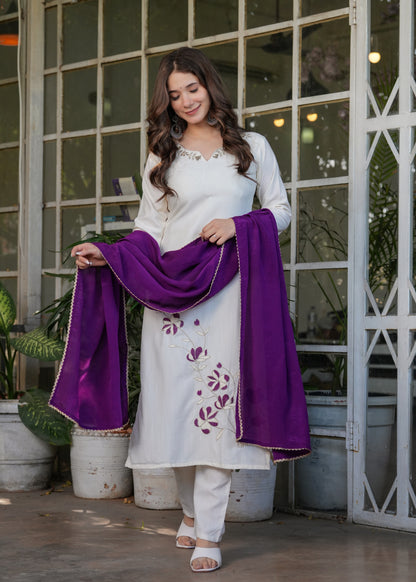 White Designer Threadwork Suit with Chinon Dupatta for Women