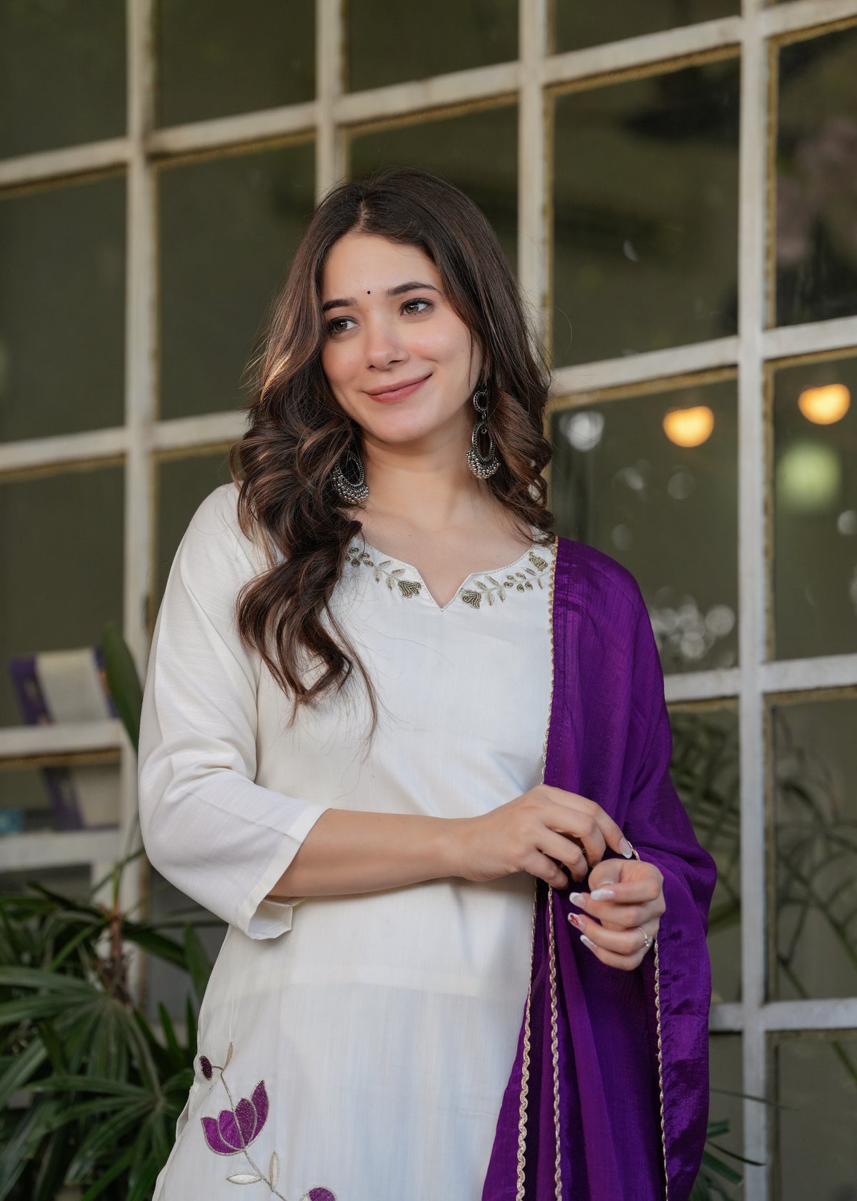 White Designer Threadwork Suit with Chinon Dupatta for Women