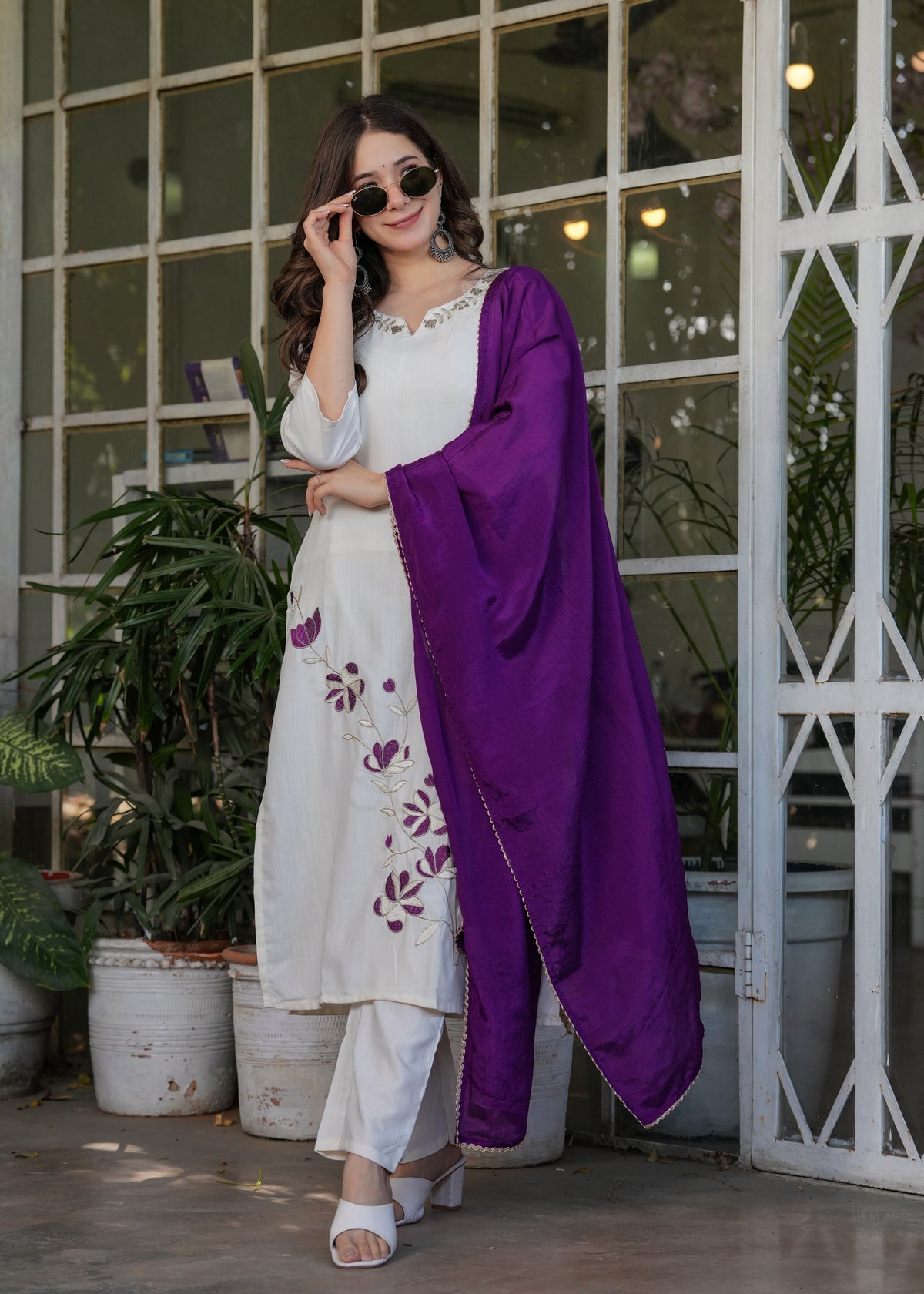 White Designer Threadwork Suit with Chinon Dupatta for Women