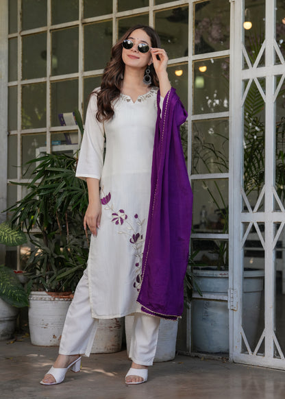 White Designer Threadwork Suit with Chinon Dupatta for Women