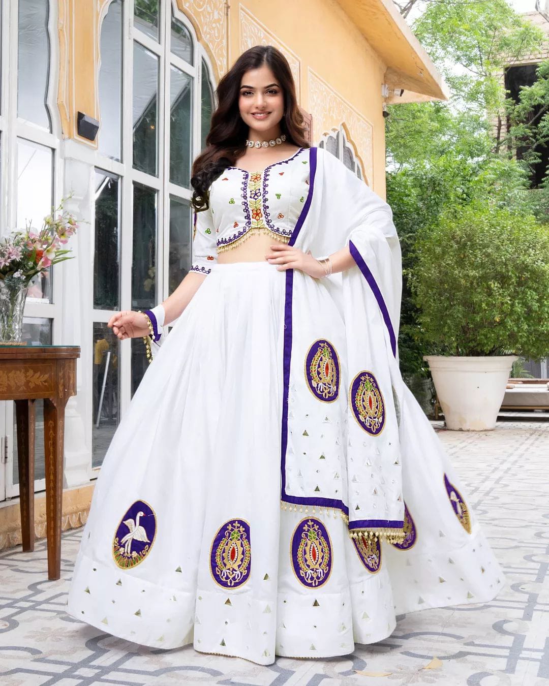 White Digital Print Festive Lehenga Choli Set for Women