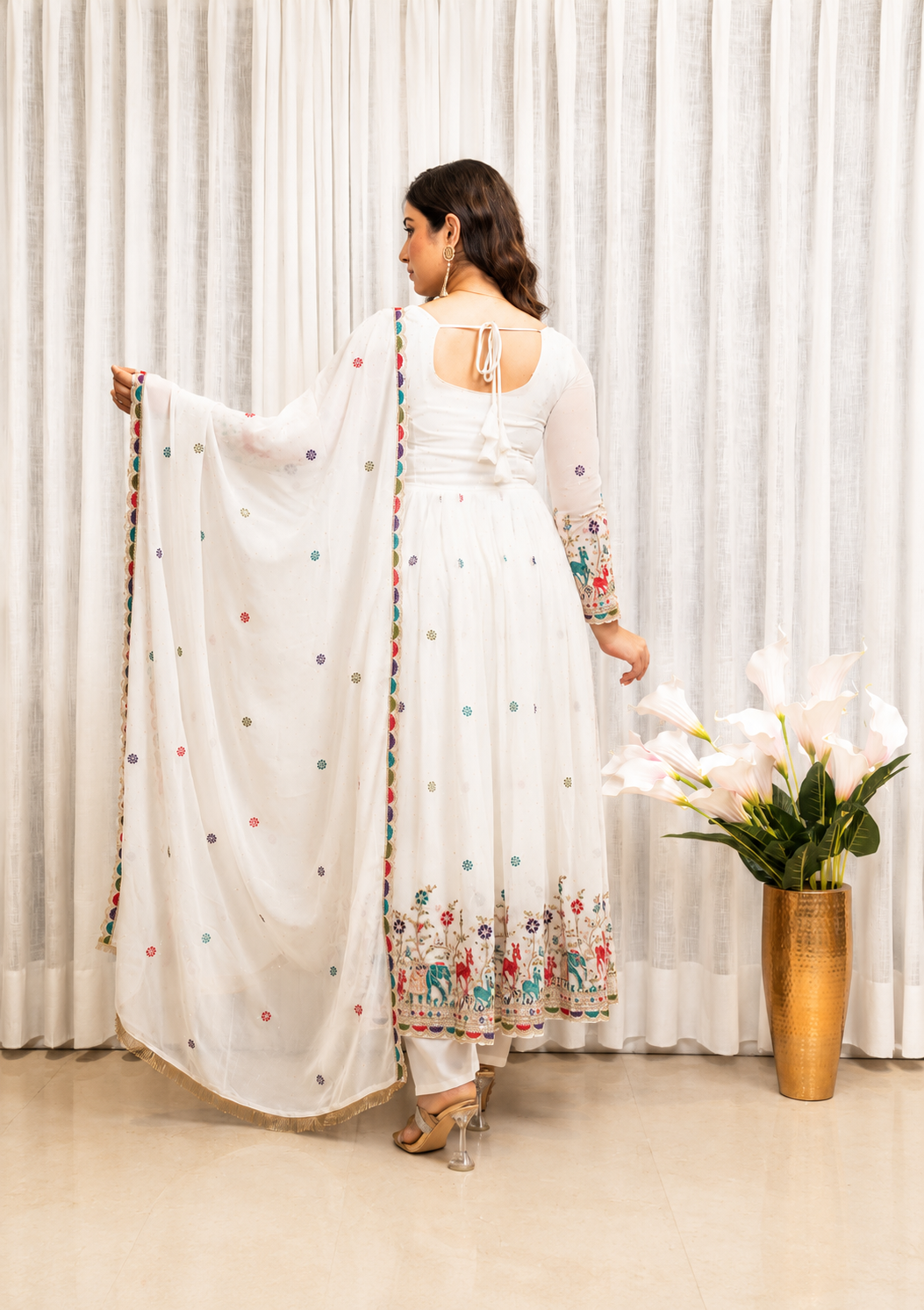 White Embroidered Anarkali Suit Set for Women