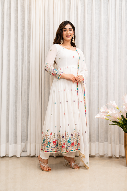 White Embroidered Anarkali Suit Set for Women