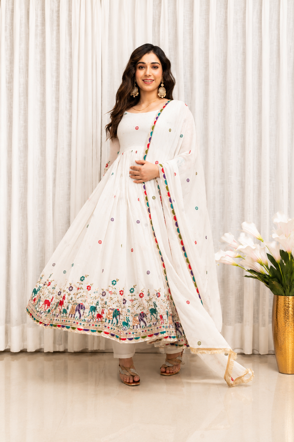 White Embroidered Anarkali Suit Set for Women