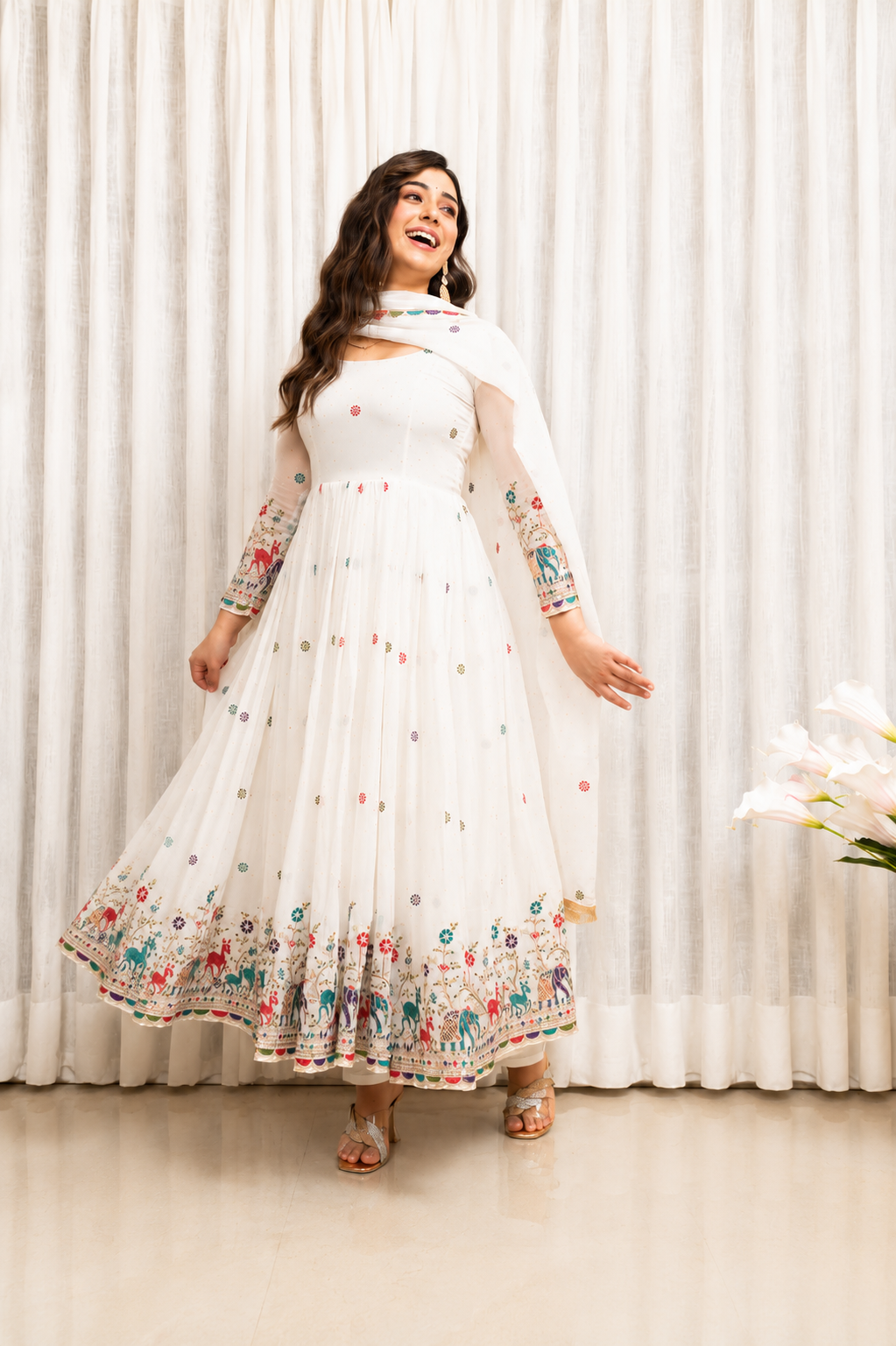 White Embroidered Anarkali Suit Set for Women