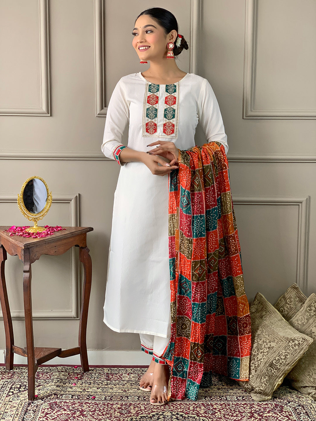 White Embroidered Salwar Suit with Orange Silk-Blend Dupatta