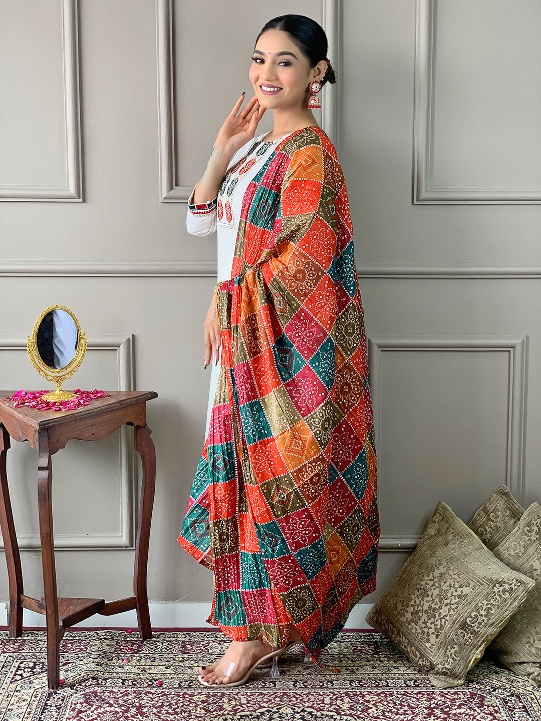 White Embroidered Salwar Suit with Orange Silk-Blend Dupatta