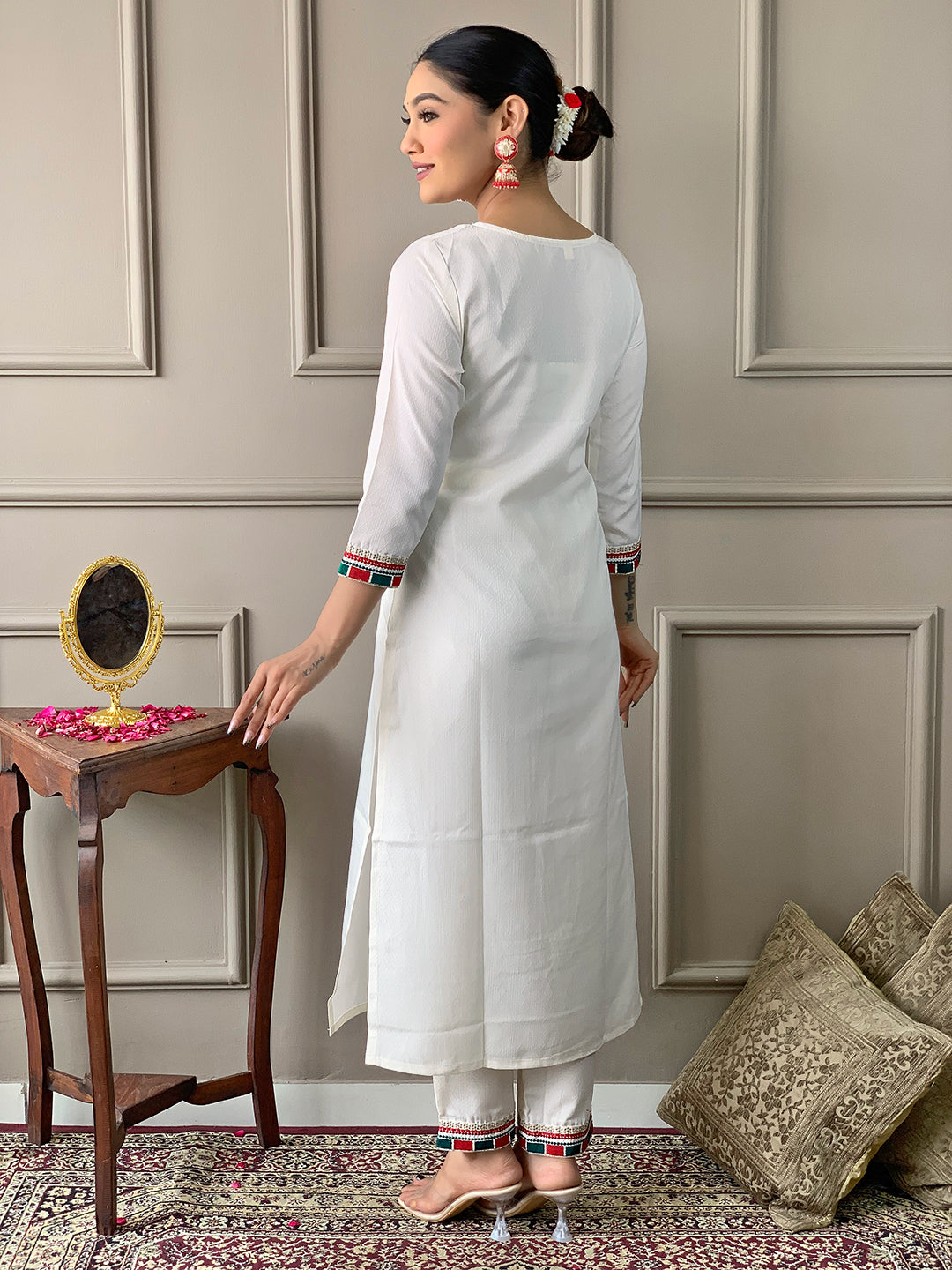 White Embroidered Salwar Suit with Orange Silk-Blend Dupatta