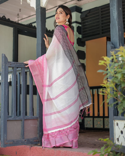 Elegant White Linen Saree with Bold Pink Designer Border for Women