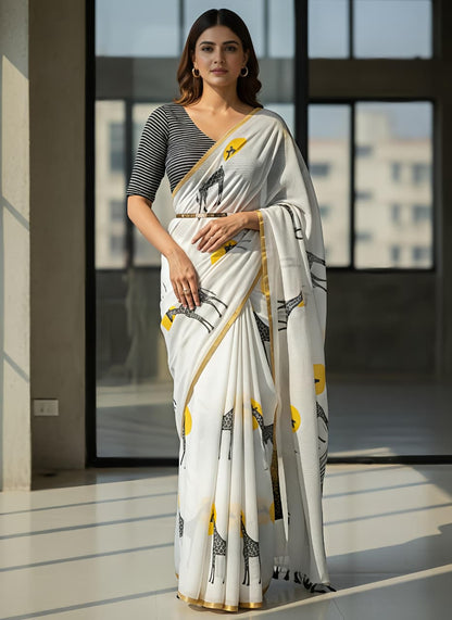 White Giraffe Print Linen Saree with Gold Border for Women
