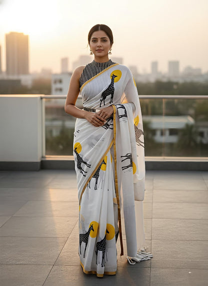 White Giraffe Print Linen Saree with Gold Border for Women