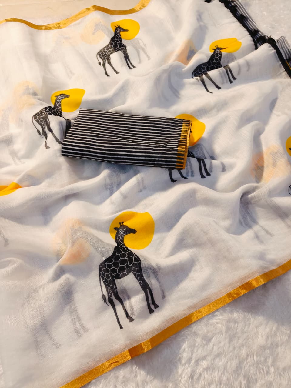 White Giraffe Print Linen Saree with Gold Border for Women