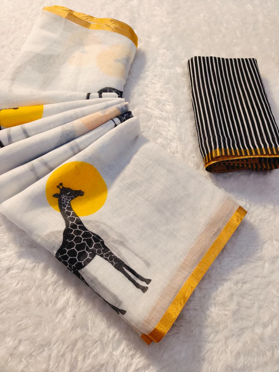 White Giraffe Print Linen Saree with Gold Border for Women