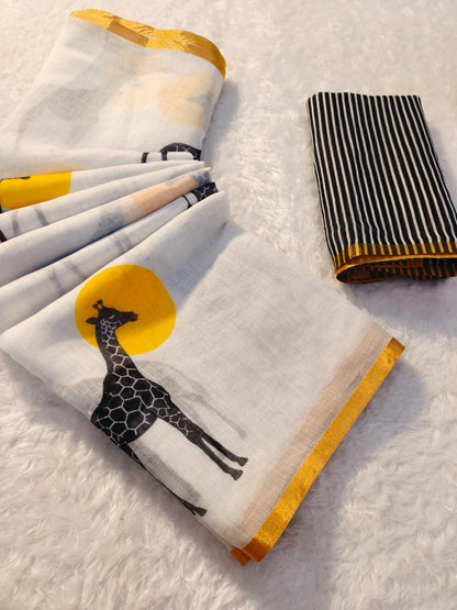 White Giraffe Print Linen Saree with Gold Border for Women