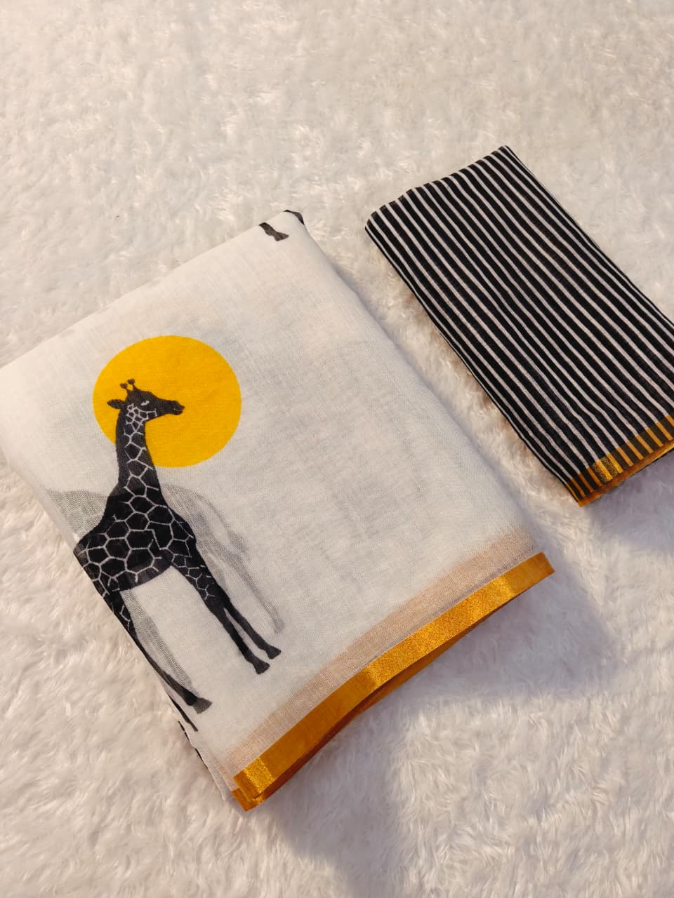 White Giraffe Print Linen Saree with Gold Border for Women