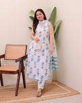 White Blue Printed Cotton Kurta Pant Dupatta Set