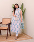 White Blue Printed Cotton Kurta Pant Dupatta Set for Women