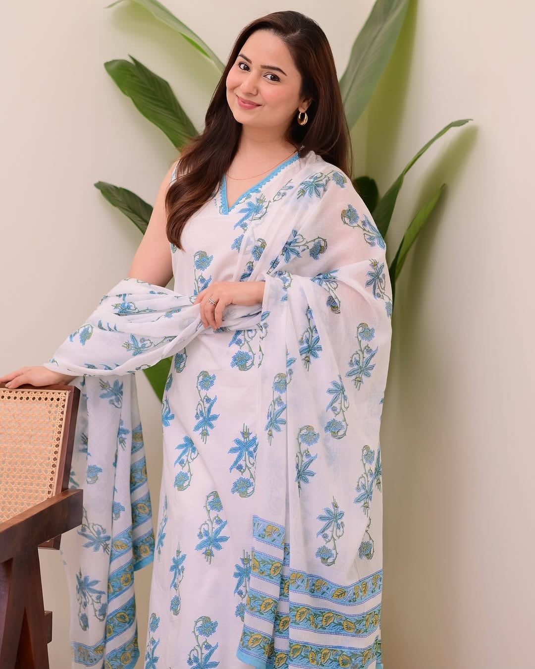 White Blue Printed Cotton Kurta Pant Dupatta Set for Women