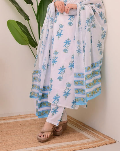 White Blue Printed Cotton Kurta Pant Dupatta Set for Women