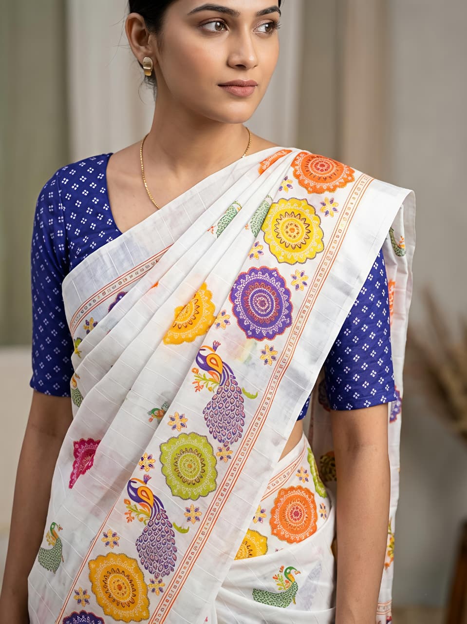 White Printed Saree with Rajwadi Bandhej &amp; Blue Work for Women