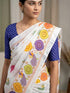 White Printed Saree with Rajwadi Bandhej & Blue Work for Women