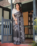 Black White Printed Linen Saree with Elegant Look