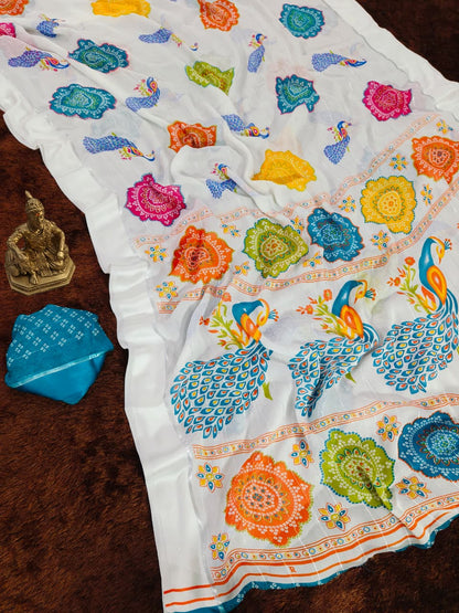 White Rajwadi Mor Saree with Teal Peacock Border for Women