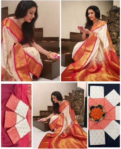 White Red Banarasi Silk Saree With Rich Zari Border for Women