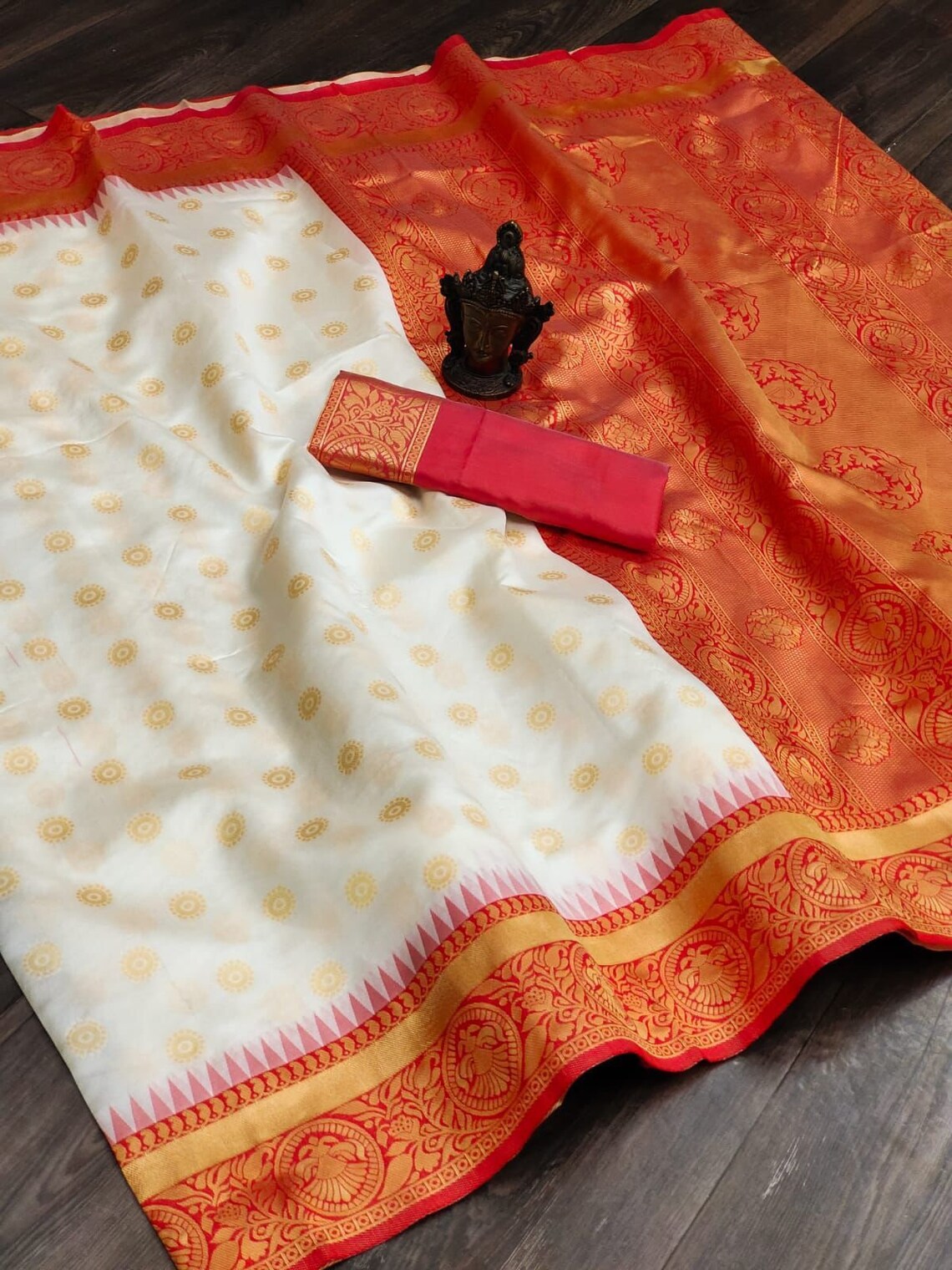 White Red Banarasi Silk Saree With Rich Zari Border for Women