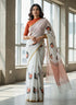 Elegant White Linen Saree with Bird Digital Print & Gold Border