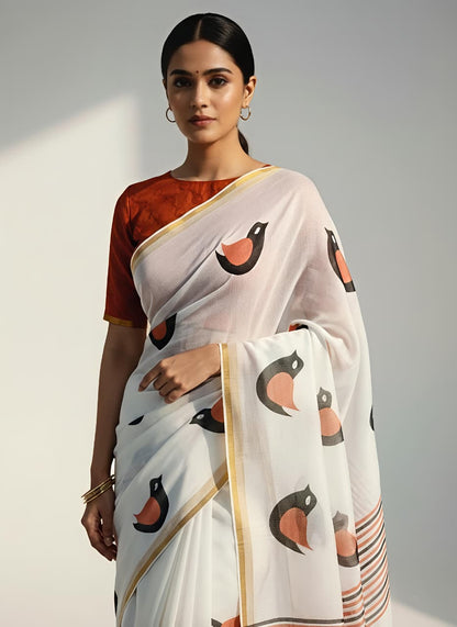 Elegant White Linen Saree with Bird Digital Print &amp; Gold Border