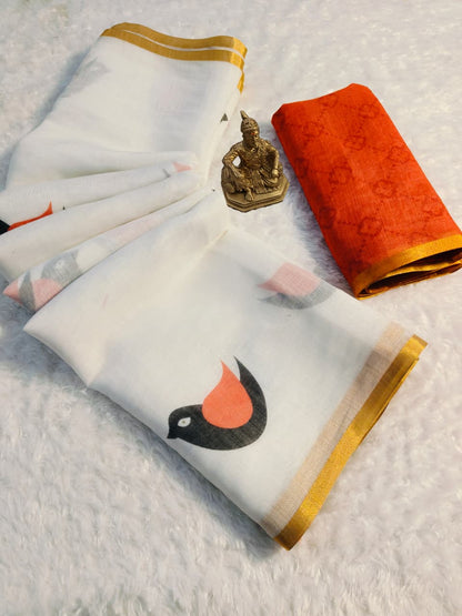 Elegant White Linen Saree with Bird Digital Print &amp; Gold Border