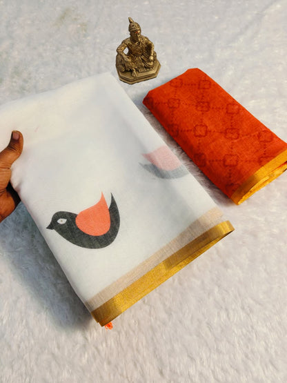 Elegant White Linen Saree with Bird Digital Print &amp; Gold Border
