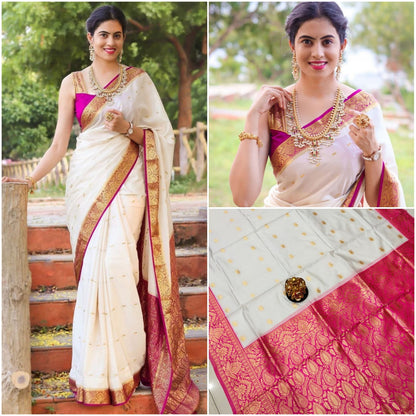 White Pink Lichi Silk Saree with Rich Golden Zari Work for Women