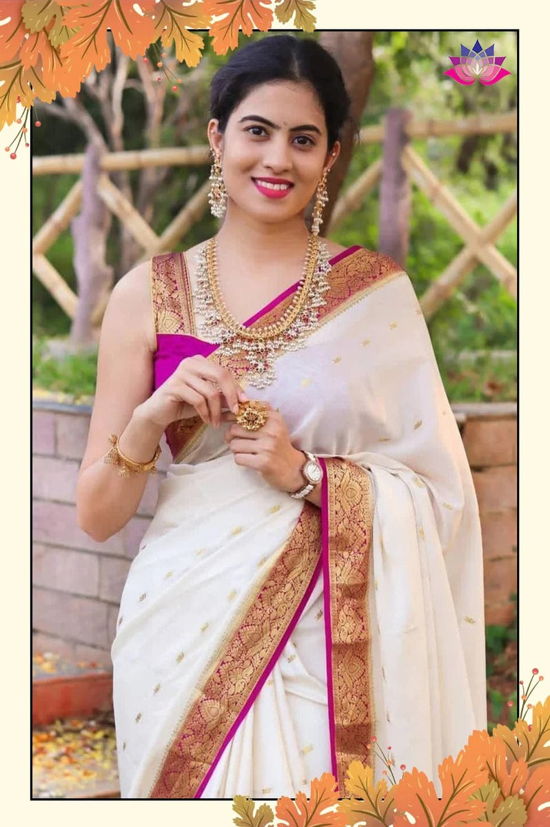 White Pink Lichi Silk Saree with Rich Golden Zari Work for Women